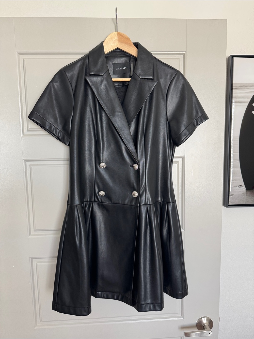 NWOT Dolce Cabo Black Faux Leather Short Sleeve Blazer Dress, S